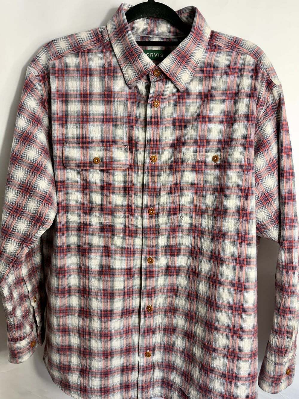 Orvis Crushed Herringbone Shirt Mens L Multi Plaid Active Fit 2 Pockets Chore